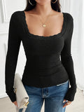 Elegant and Sophisticated Women’s Blouse with Lace Patchwork at the Neckline, Square Neck, Long Sleeves, Solid Color, Perfect for Casual Sexy Autumn Looks