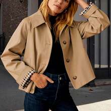 Womens Cropped Trench Coat Lightweight Single Breasted Jacket Fall Windbreaker Fashion Outerwear
