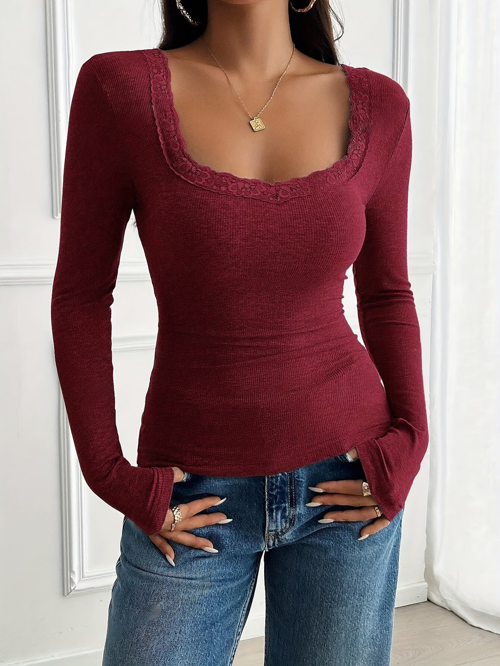 Elegant and Sophisticated Women’s Blouse with Lace Patchwork at the Neckline, Square Neck, Long Sleeves, Solid Color, Perfect for Casual Sexy Autumn Looks