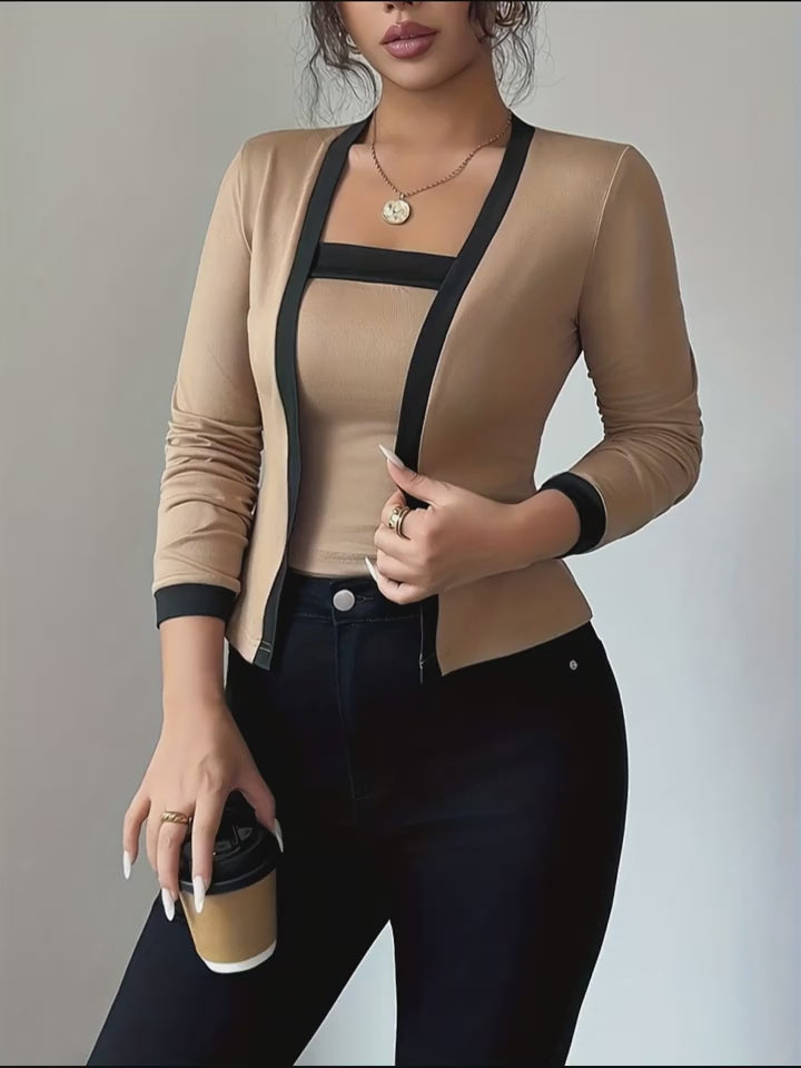Elegant long-sleeve women’s top with color-block waist design